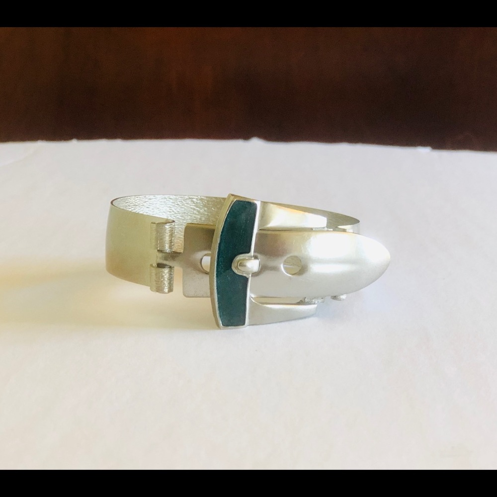 Vintage Matte Silver Green Enamel Buckle Bracelet